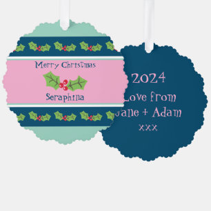 Personalised Christmas Holly & Berries Tree Decoration Card