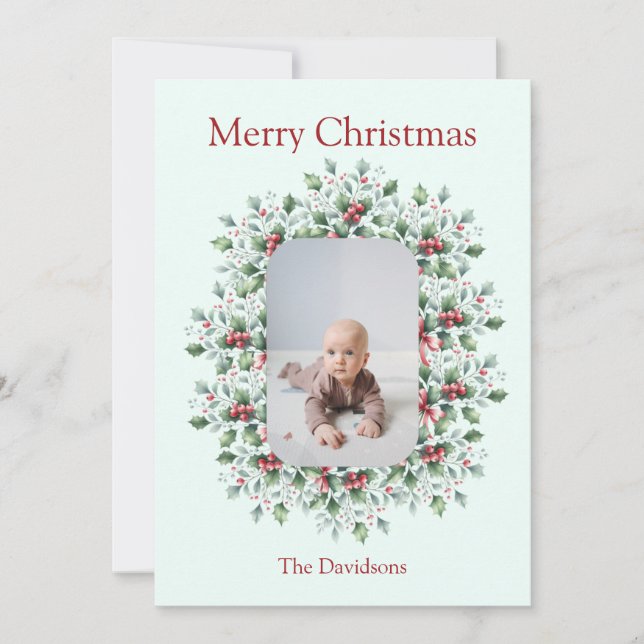 Personalised Christmas Holly Photo Card (Front)