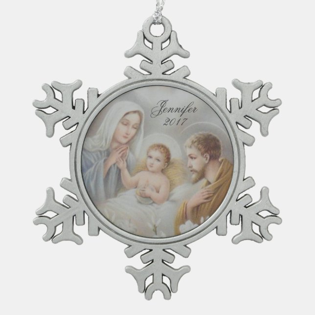 Personalised Christmas Holy Family Nativity Snowflake Pewter Christmas Ornament (Front)
