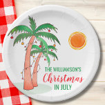 Personalised Christmas in July Party  Paper Plate<br><div class="desc">Personalised Christmas in July Party Paper Plate. Let's celebrate Christmas in July with a BBQ or party! Invite family and friends to your Christmas themed celebration and decorate it with these island style paper plates featuring hand drawn palm trees decorated with lights. Easily customisable with your name. Original Drawing ©...</div>