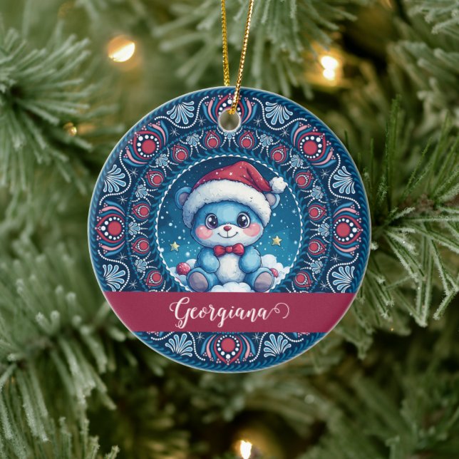 Personalised Christmas Kawaii Bear Dot Mandala Ceramic Tree Decoration (Tree)
