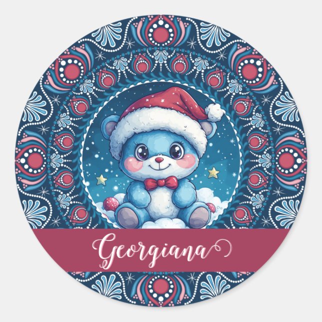 Personalised Christmas Kawaii Bear Dot Mandala Classic Round Sticker (Front)