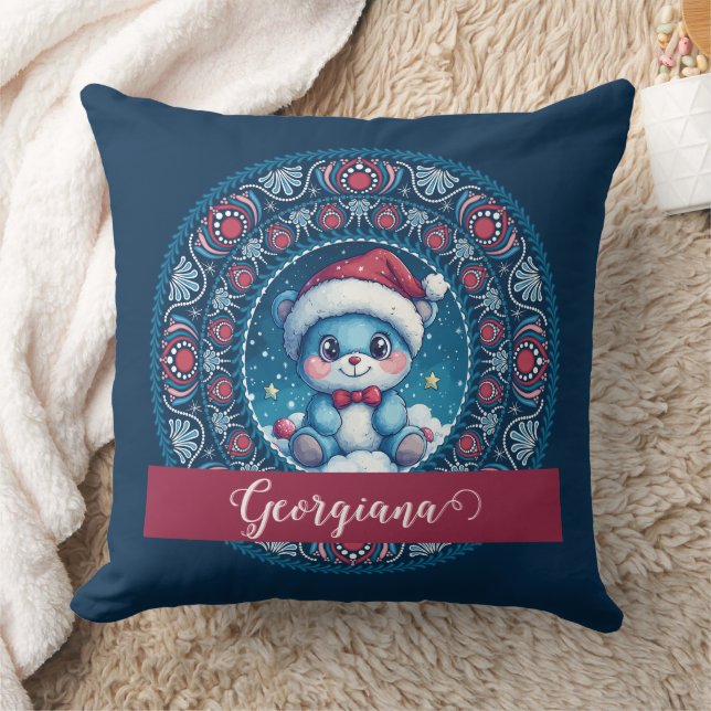 Personalised Christmas Kawaii Bear Dot Mandala Cushion (Blanket)