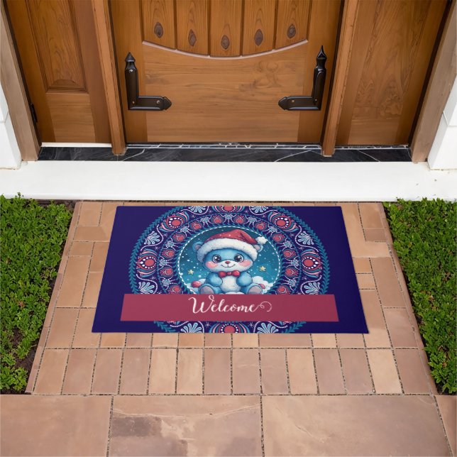 Personalised Christmas Kawaii Bear Dot Mandala Doormat (Outdoor)