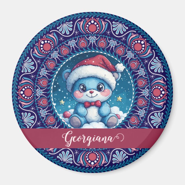 Personalised Christmas Kawaii Bear Dot Mandala Magnet (Front)