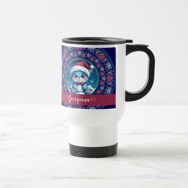 Personalised Christmas Kawaii Bear Dot Mandala Travel Mug (Right)