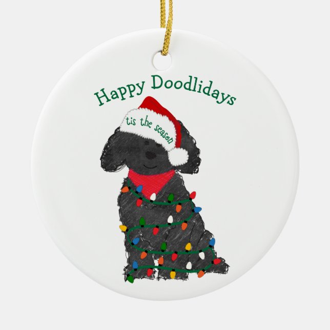 Personalised Christmas Lights Labradoodle Ceramic Tree Decoration (Front)