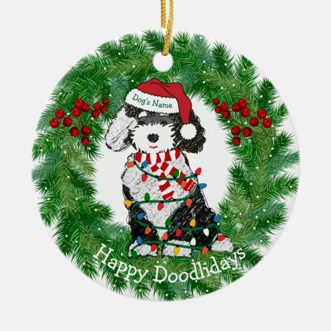 Personalised Christmas Lights Sheepadoodle Ceramic Tree Decoration (Front)