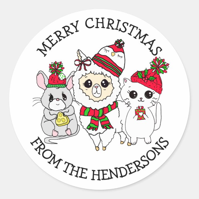 Personalised Christmas Llama, Kitten and Mouse Classic Round Sticker (Front)