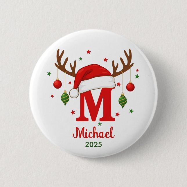 Personalised Christmas Monogram M Santa Hat 6 Cm Round Badge (Front)