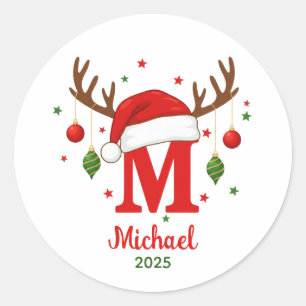 Personalised Christmas Monogram M Santa Hat Classic Round Sticker