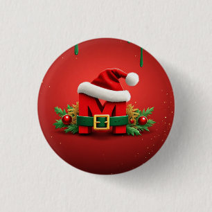 Personalised Christmas Monogram M with Santa Hat 3 Cm Round Badge