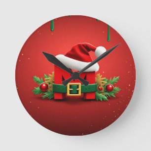 Personalised Christmas Monogram M with Santa Hat Round Clock