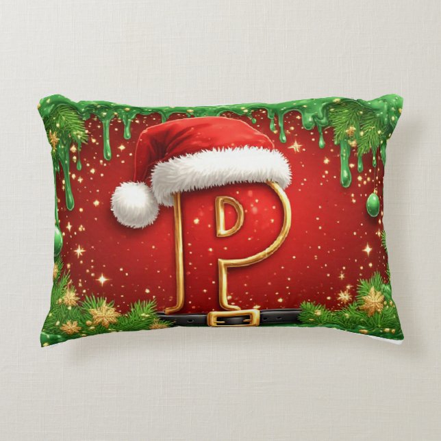 Personalised Christmas Monogram P with Santa Hat  Decorative Cushion (Front)