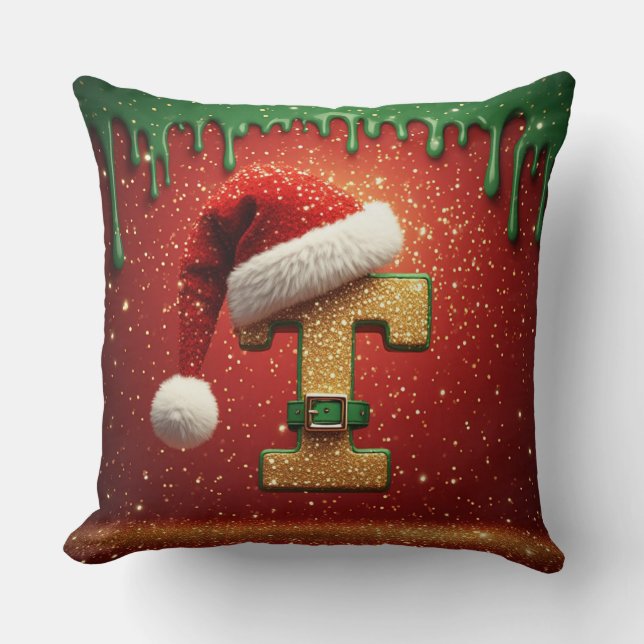 Personalised Christmas Monogram T with Santa Hat Cushion (Front)