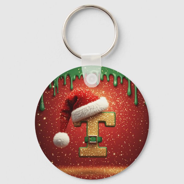 Personalised Christmas Monogram T with Santa Hat Key Ring (Front)