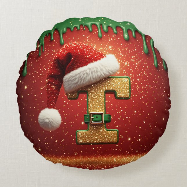 Personalised Christmas Monogram T with Santa Hat Round Cushion (Front)