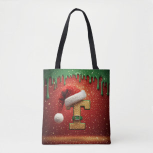 Personalised Christmas Monogram T with Santa Hat Tote Bag