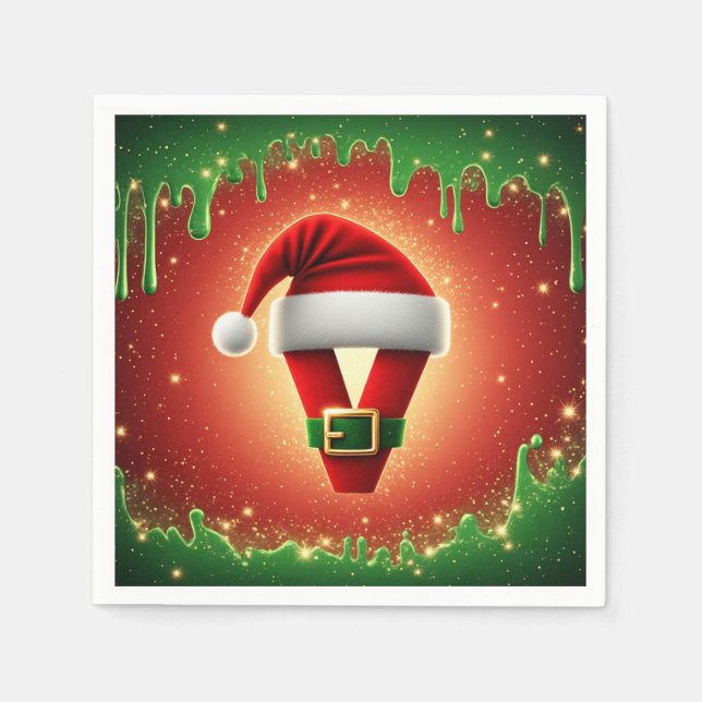 Personalised Christmas Monogram V with Santa Hat Napkin (Front)