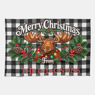 Personalised Christmas Moose Black Plaid Dish Towe Tea Towel