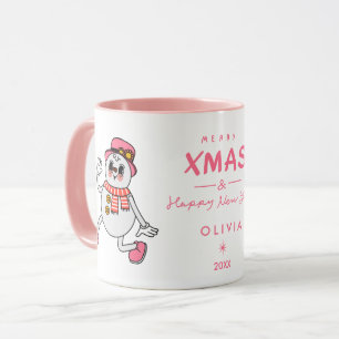 Personalised Christmas Mug Cute Pink Snowman