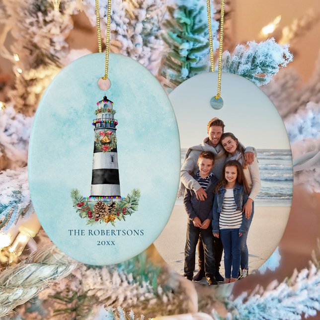 Personalised Christmas Nautical Lighthouse Photo Ceramic Tree Decoration (Creator Uploaded)