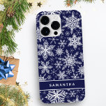Personalised Christmas Navy Blue White Snowflakes Case-Mate iPhone 14 Pro Max Case<br><div class="desc">This monogrammed Christmas phone case features a navy blue and white snowflakes pattern. The template makes it easy to type your name to create a unique accessory for a winter holidays season.</div>