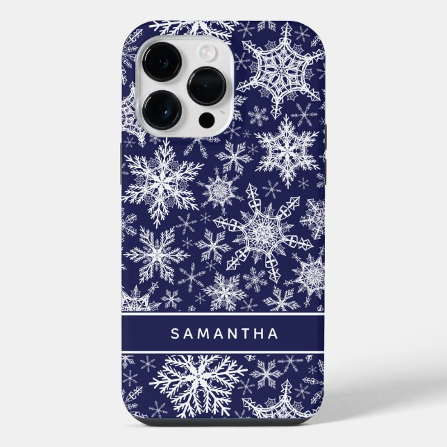 Personalised Christmas Navy Blue White Snowflakes iPhone Case (Back)