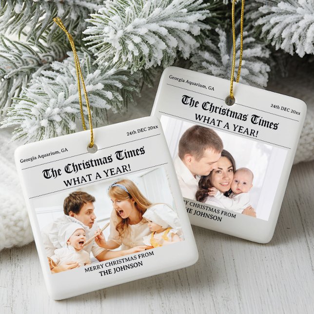 Personalised Christmas Newspaper Double Photo Ceramic Ornament (Creator Uploaded)