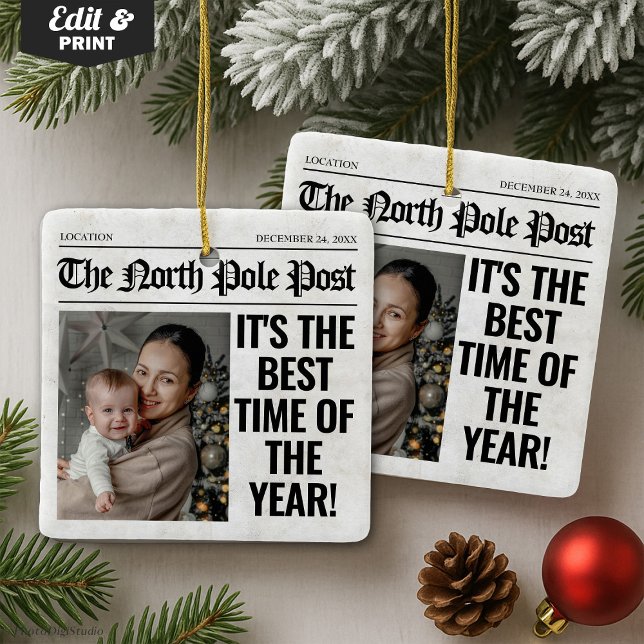 Personalised Christmas Newspaper Photo  Ceramic Ornament (Personalized Christmas Newspaper Photo Ceramic Ornament)