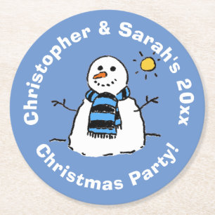 Personalised Christmas Party Snowman Round Paper Coaster