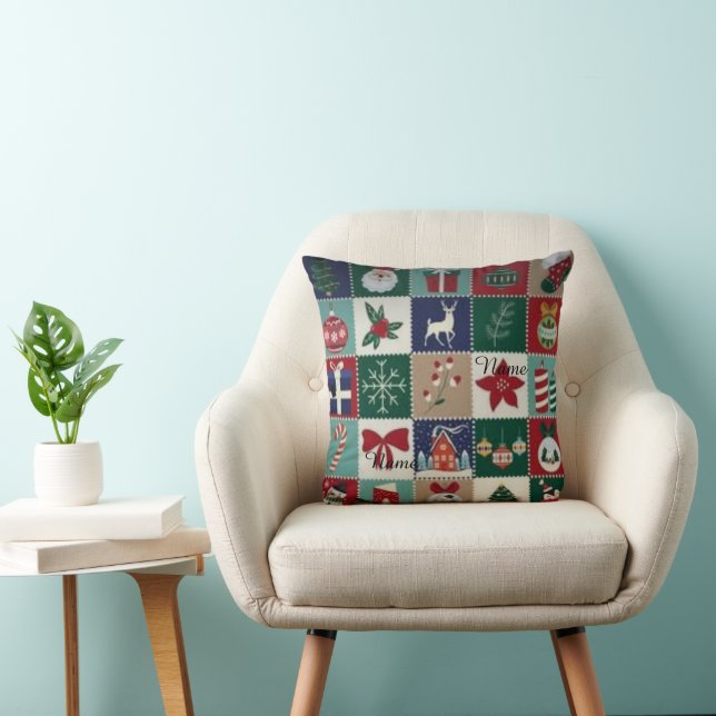  Personalised Christmas Patchwork Fleece Blanket w Cushion (Chair)
