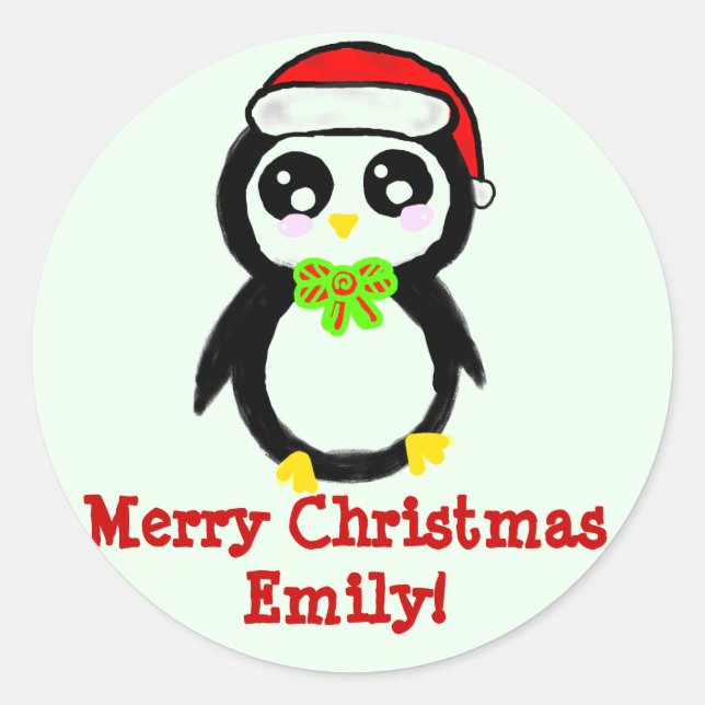 Personalised Christmas Penguin Classic Round Sticker (Front)