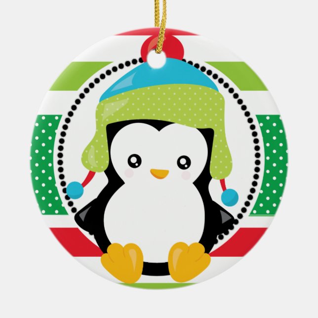 Personalised Christmas Penguin Snowy Days Holiday Ceramic Tree Decoration (Front)