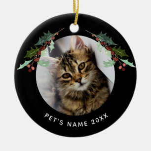 Personalised Christmas Pet Photo Holly on Black Ceramic Tree Decoration