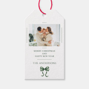 Personalised Christmas Photo Green Bow Modern Gift Tags