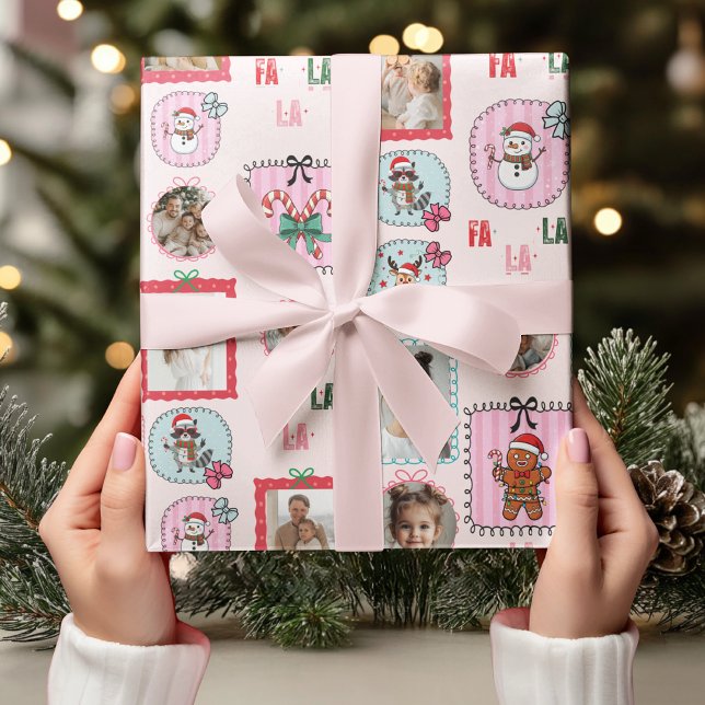 Personalised Christmas Photo Pink Holiday Fa La La Wrapping Paper (Creator Uploaded)
