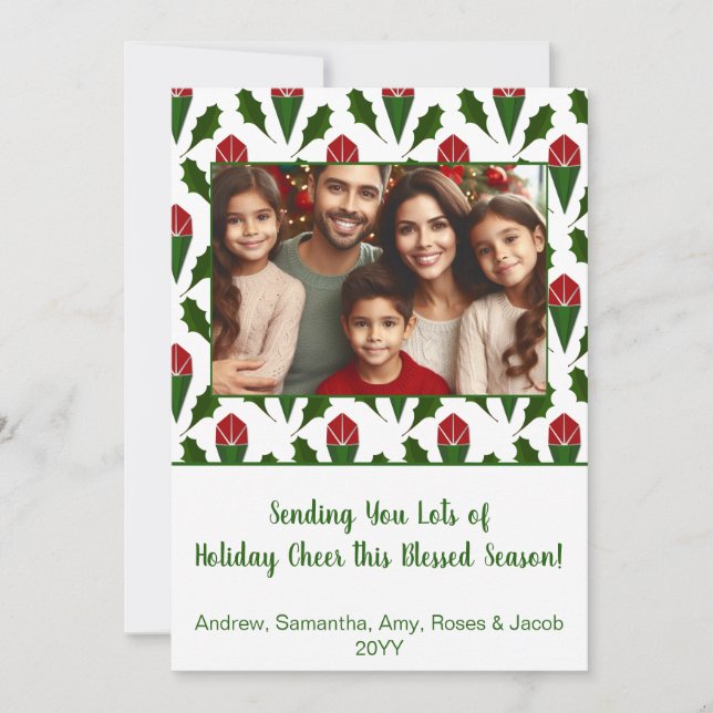 Personalised Christmas Photo Red Roses, Holly Art Holiday Card (Front)
