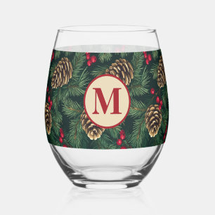 Personalised Christmas Pine Monogram Stemless Wine Glass