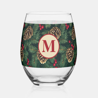 Personalised Christmas Pine Monogram Stemless Wine Glass