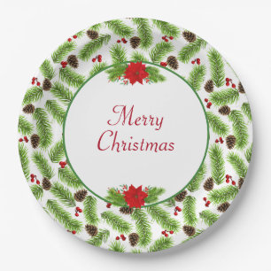 Personalised Christmas Pinecones & Red Berries Paper Plate