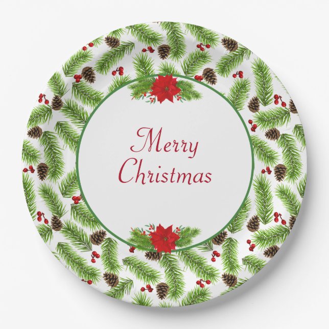 Personalised Christmas Pinecones & Red Berries Paper Plate (Front)