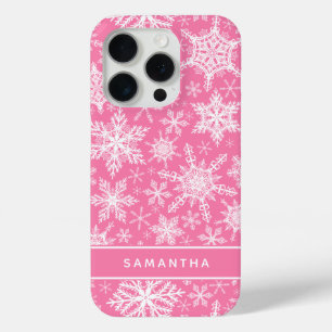 Personalised Christmas Pink and White Snowflakes iPhone 15 Pro Case