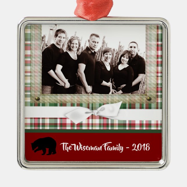 Personalised Christmas Plaid Bear PHOTO Ornament (Front)