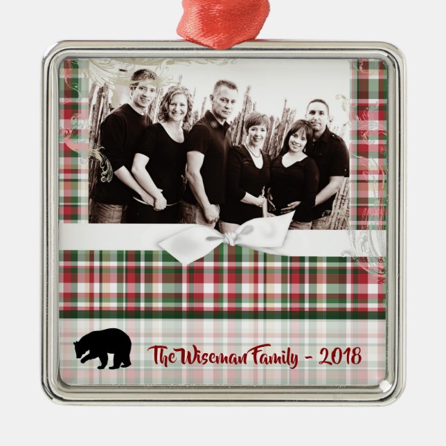 Personalised Christmas Plaid Bear PHOTO Ornament (Front)