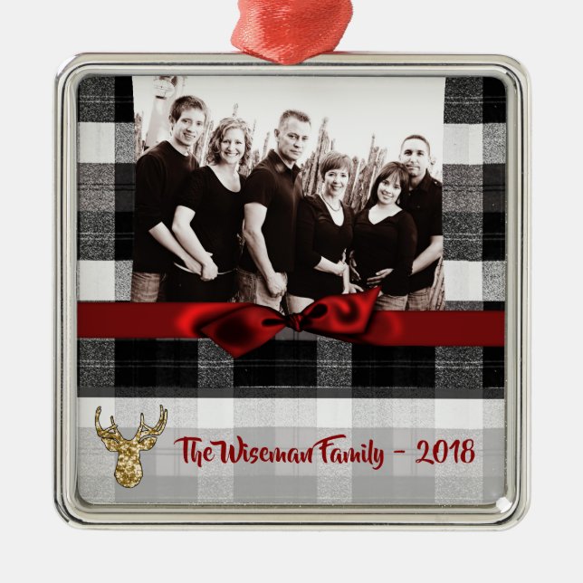 Personalised Christmas Plaid Deer PHOTO Ornament (Front)