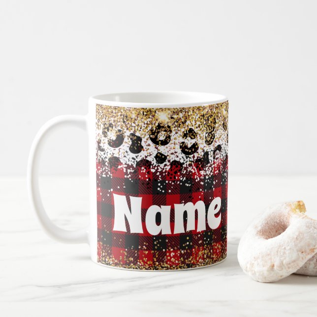 Personalised Christmas Plaid Glitter Coffee Mug (With Donut)