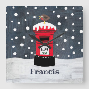 Personalised Christmas Post Box & Robin Square Wall Clock