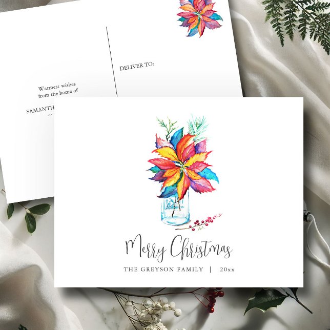 Personalised Christmas Postcards | Poinsettia (Christmas postcards watercolor poinsettia art by Victoria Grigaliunas of Do Tell A Belle)