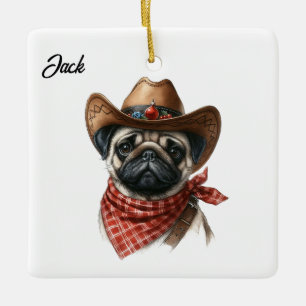 Personalised Christmas Pug with Cowboy Santa Hat Ceramic Ornament